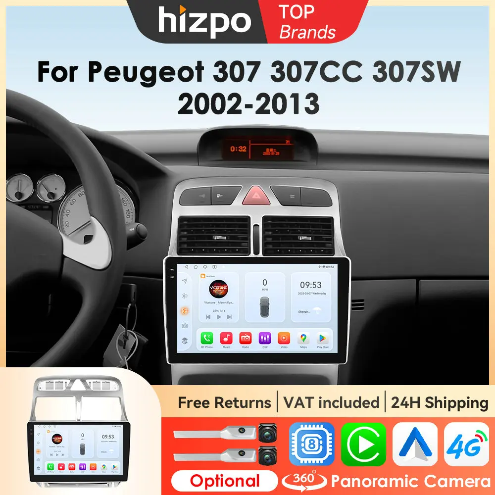 Hizpo Auto Intelligente Systeme Für Peugeot 307 307CC 307SW 2002-2013 Drahtlose CarPlay Android Auto 360 Kamera Stereo Bluetooth