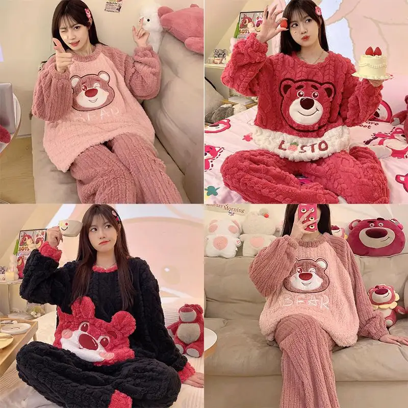 

Miniso Kawaii Lotso Cartoon Pajamas Set Cute Round Neck Thicken Coral Velvet Winter Home Loose Fashion Keep Warm Women's Pajamas