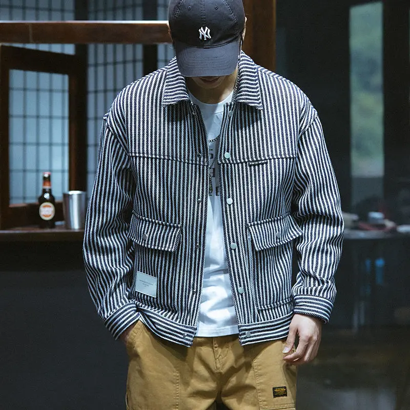 Spring High Street Casual Vintage Stripe Men Printing Jacket Loose Trend All-match Large Size Affordable Lapel Collar Coat mens jacket