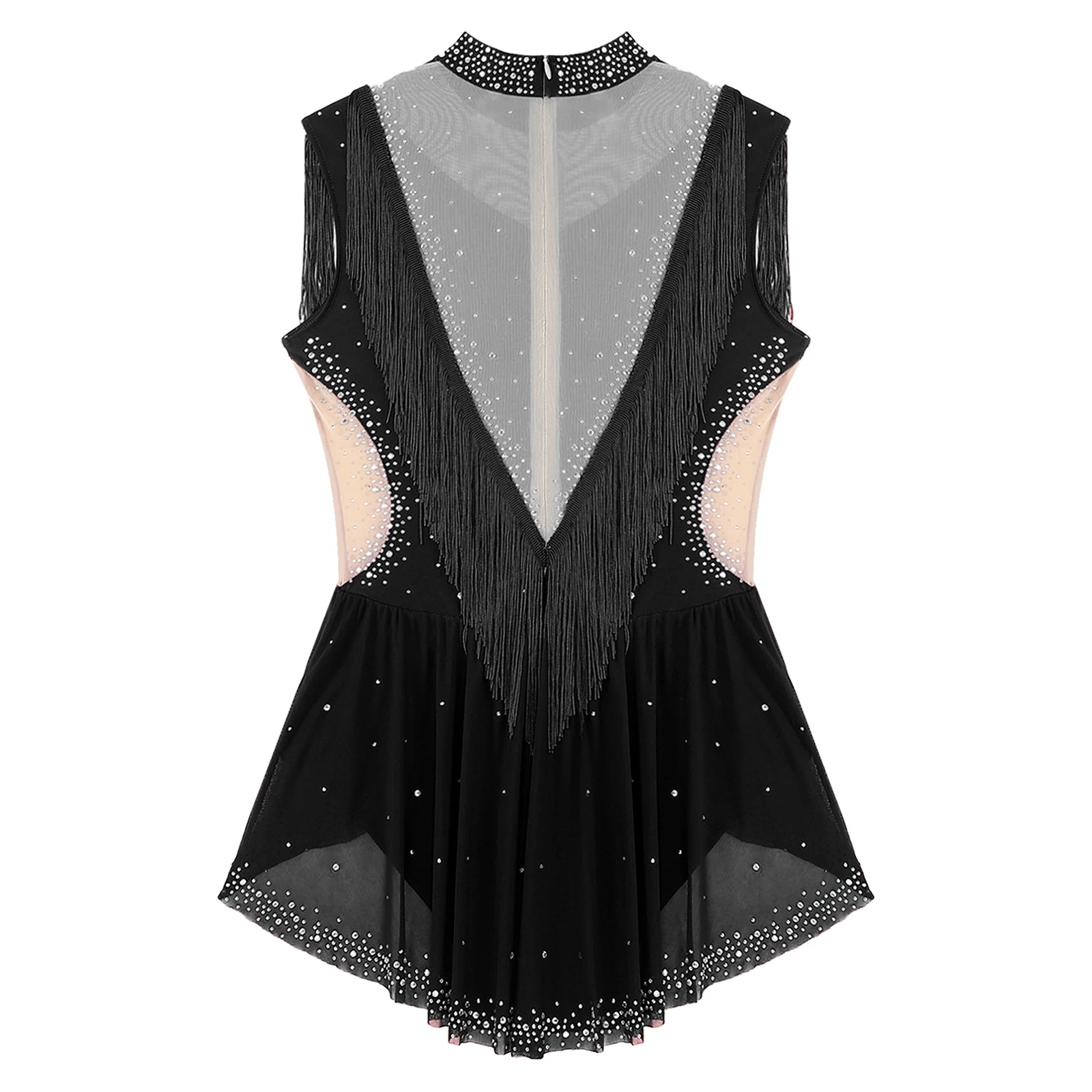 Frauen Ballett Gymnastik Trikot Eiskunstlauf Lyrical Latin Dance Kleid Ärmellose Strass Mesh Quaste Body Dancewear – Detail 10