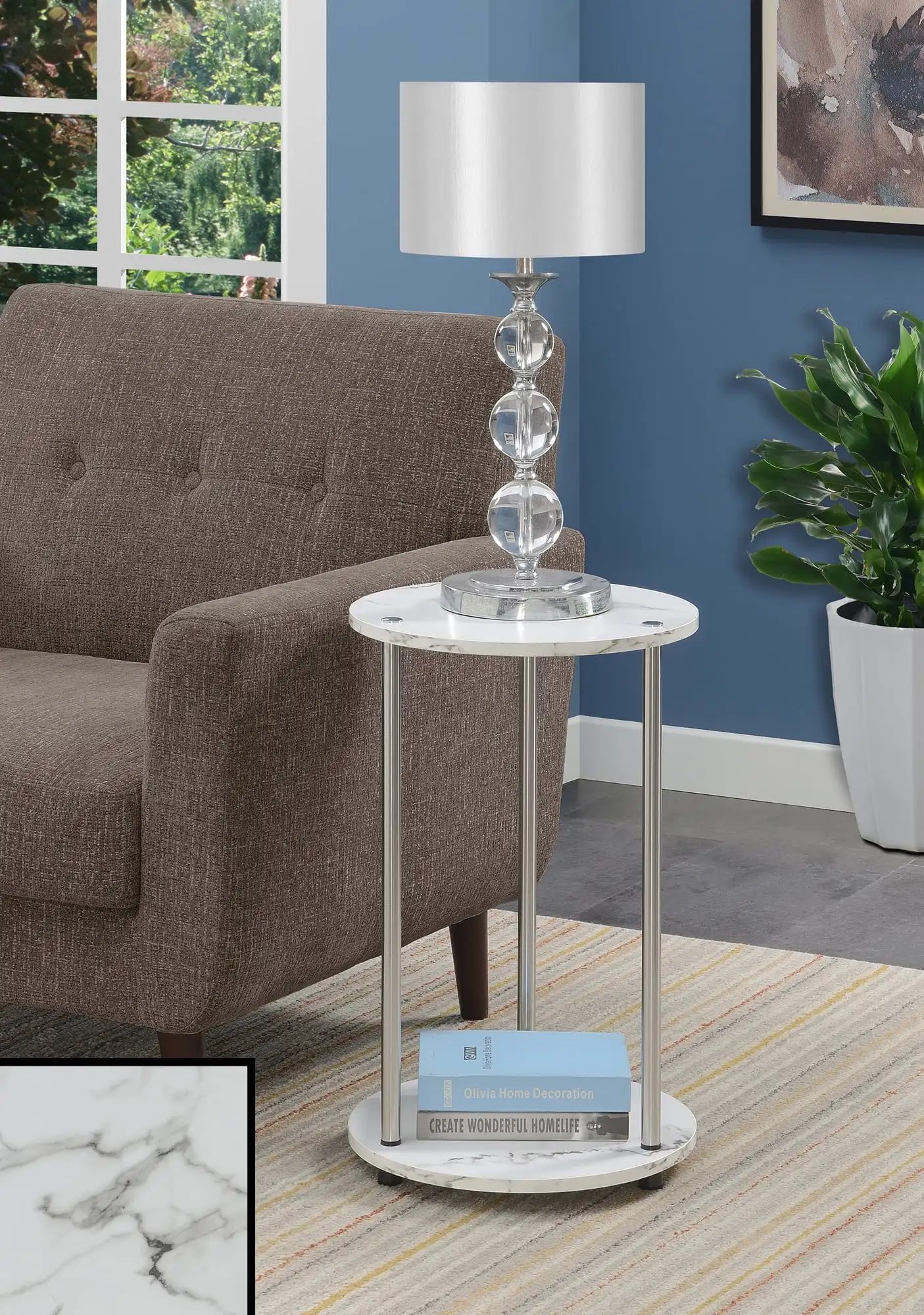 

Convenience Concepts Designs2Go No Tools 2 Tier Round End Table, White Marble/Chrome