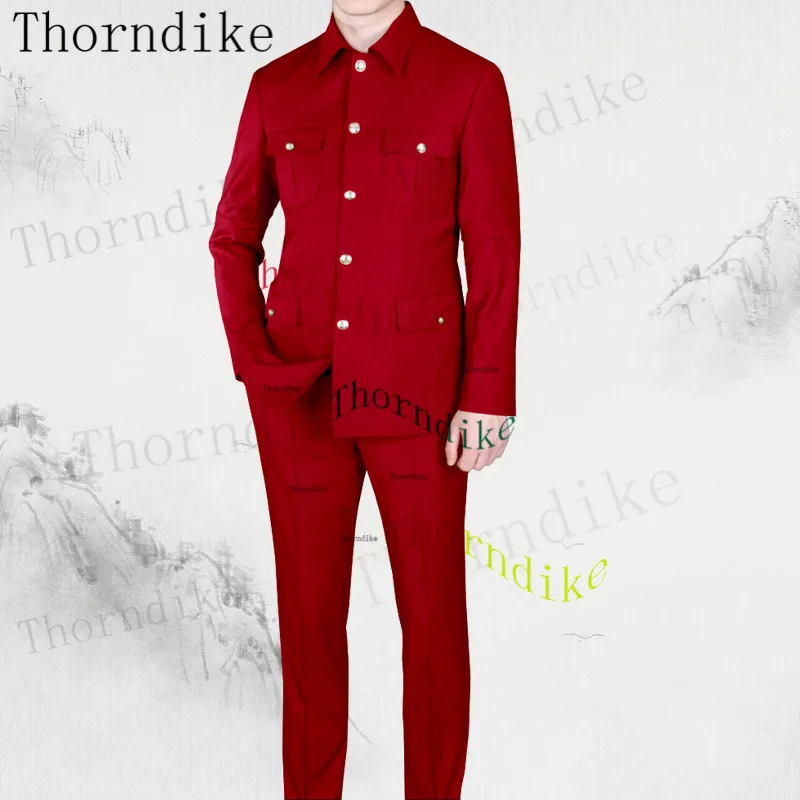 Thorndike  Long Sleeve Blazer Pants Elegant Business Men Formal Prom Collar Africa Style Men Suits New Arrival Sliver Button 4