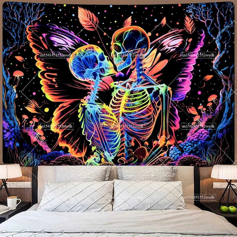 Tapestry Decorations Blacklight Skull Butterfly Tapestry UV Reactive Mushroom Tapestries Kissing Lovers Skeleton Tapestry Neon Glow In The Dark