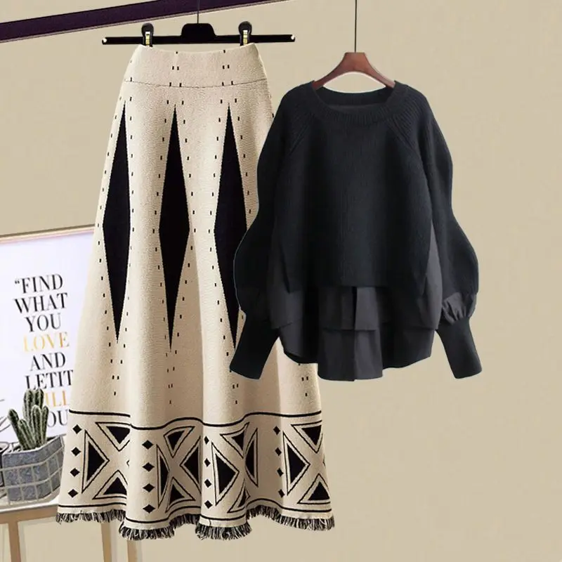 Autumn and Winter Set 2023 Korean Version New Large Knitted Sweater Covering Flesh and Slim Skirt Two Piece Set