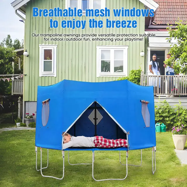 Tente De Camping Pour Trampoline. Cabane. Polyester. Traité Anti UV. 1 Porte. 4 Fenêtres Et Sac