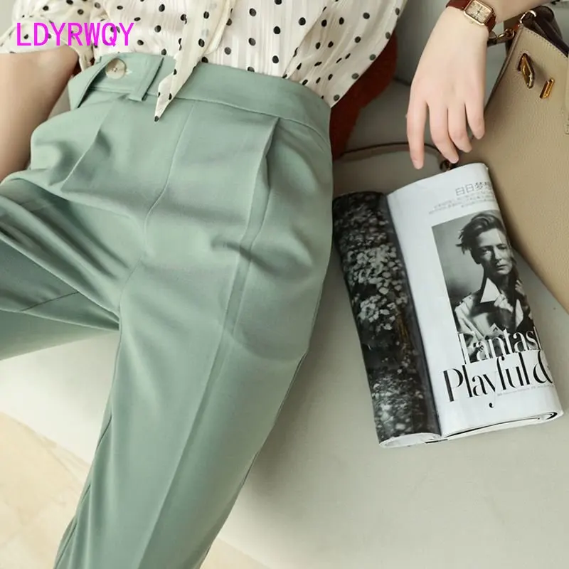 2023 spring and autumn new Korean version green cropped pants fresh temperament small leg pants drape thin casual trousers women