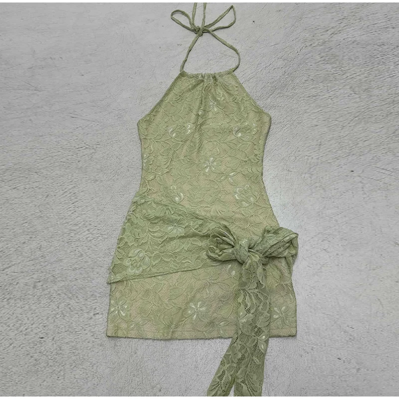 Damen Spitzen-Neckholder-Minikleid Ärmellos mit Taillenbindung Figurbetont Transparentes Blumenmuster Schnürkleid 2026 Party Club Streetwear Damen Vestidos – Detail 12