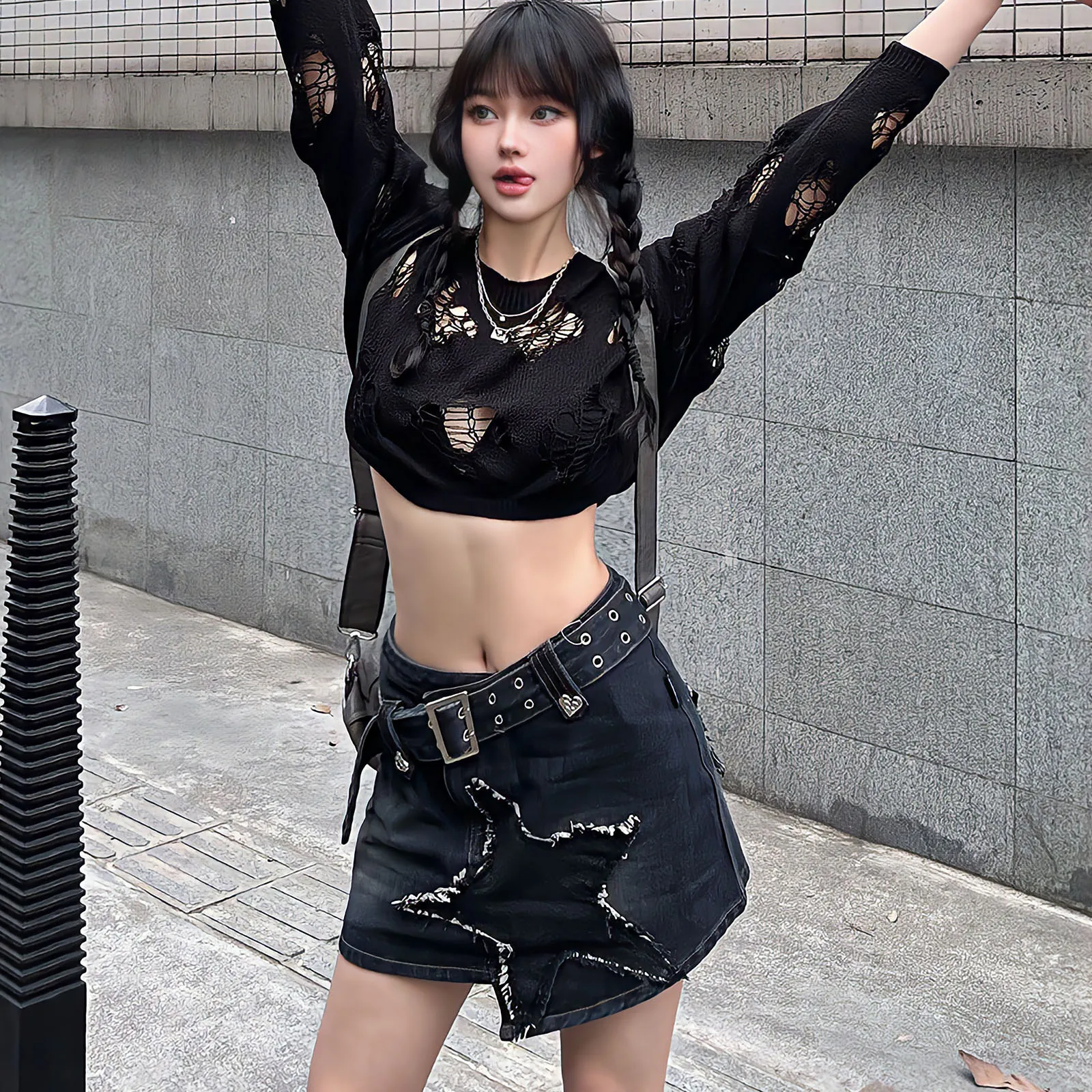 Mini Skirt Jean Overall Skirt 9mm Korean Fashion Irregular Star