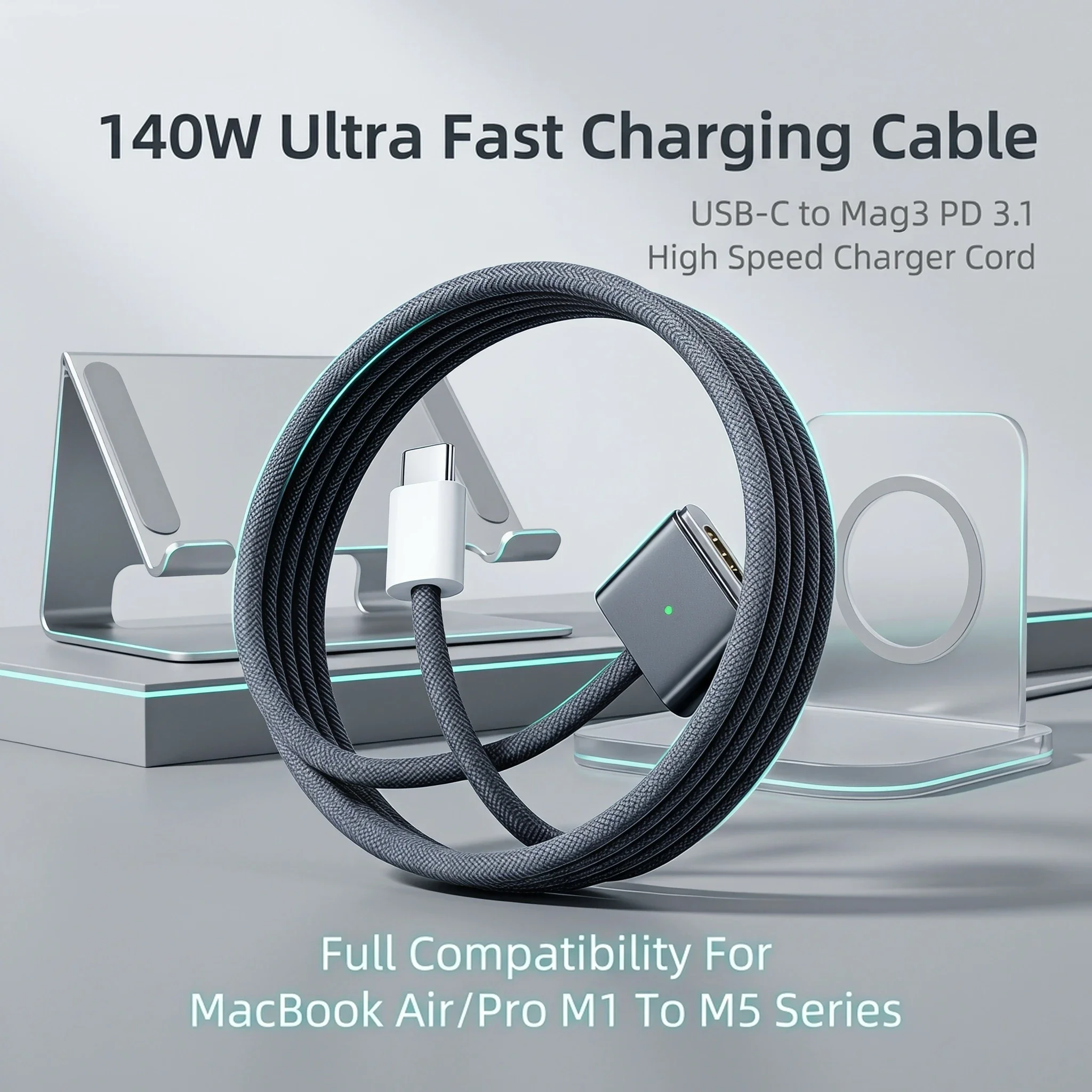 High-Power 140W USB-C Fast-Charging Cable - 2M Durable Braided Magnetic Cord