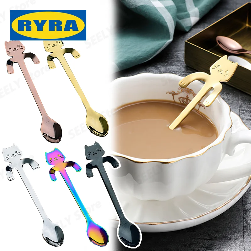 4/1개 귀여운 고양이 커피 스푼 만화 스테인레스 스틸 티스푼 디저트 스낵 스쿱 아이스크림 스푼 식기 주방 도구
