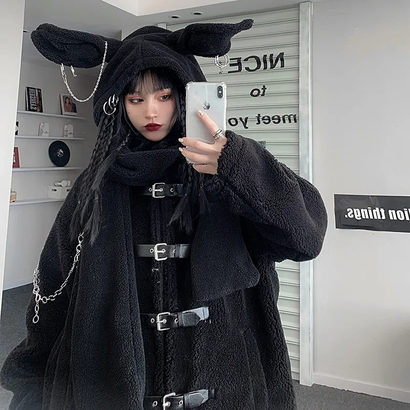 Harajuku Style Dark Loose Mid-length Hairy Coat Women Autumn and Winter Retro Warmth Plush Rabbit Ears Cotton-padded Clothes zaful padded plain string bikini swimsuit m dark orange