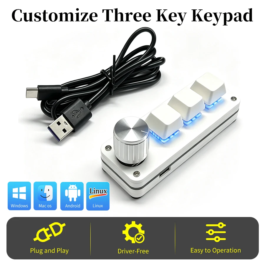 Versatile 3-Key Programmable Mechanical Keypad with Knob