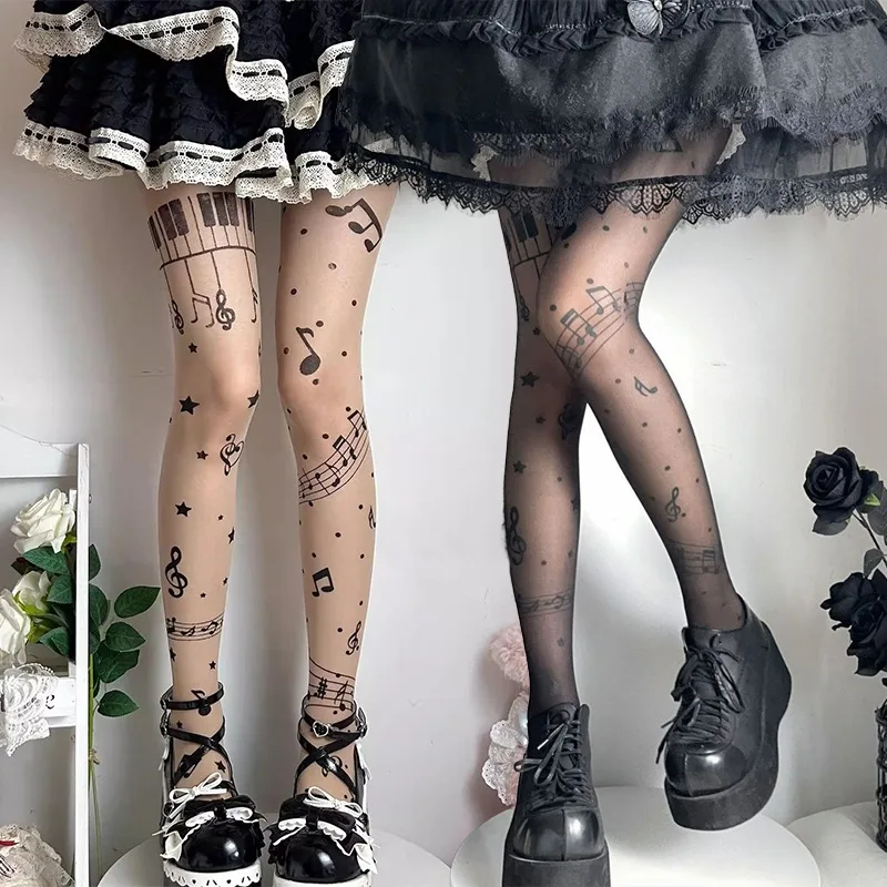 Women Thin Stretchy Stockings Y2K Sweet Music Notes Pantyhosen Sheer Black Tight Cute Lolita Leggings Punk Style Fashion Hosiery