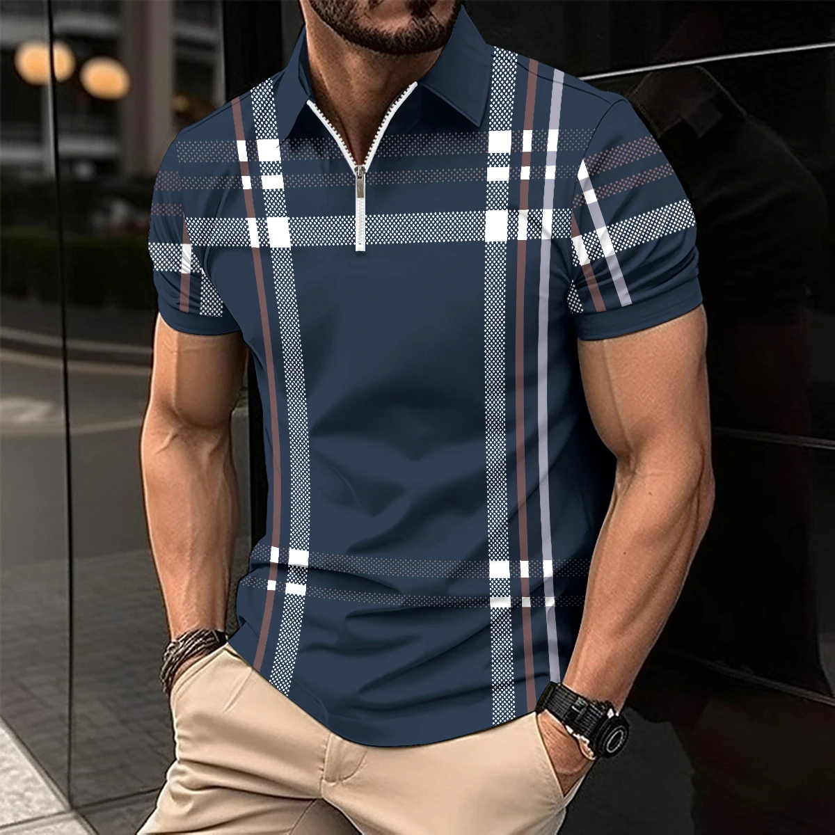 

New men's POLO shirt short-sleeved fashion checkered striped short-sleeved T-shirt business casual men's top
