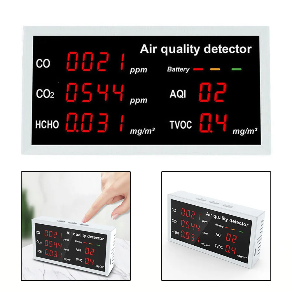 

Air Quality Monitor 5-in-1 Carbon Dioxide Detector LED Display HCHO TVOC CO2 AQI Testing For Home School Office