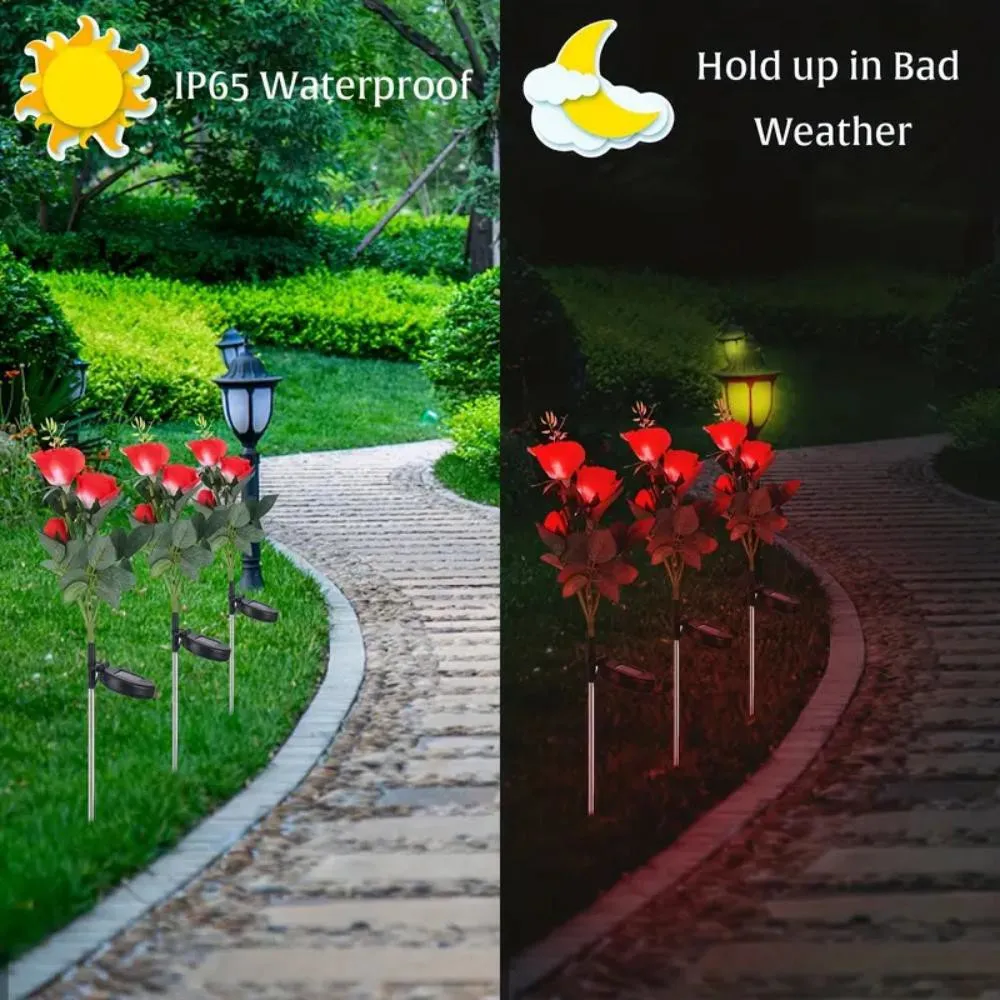 3 Heads Solar LED Romantic Garden Rose Light for Cemetery Decoration Pile Light, Garden, Courtyard, Yard & Grave Decoration