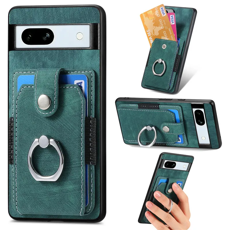 Magnetic Leather Wallet Card Phone Case with Ring Holder and Back Cover