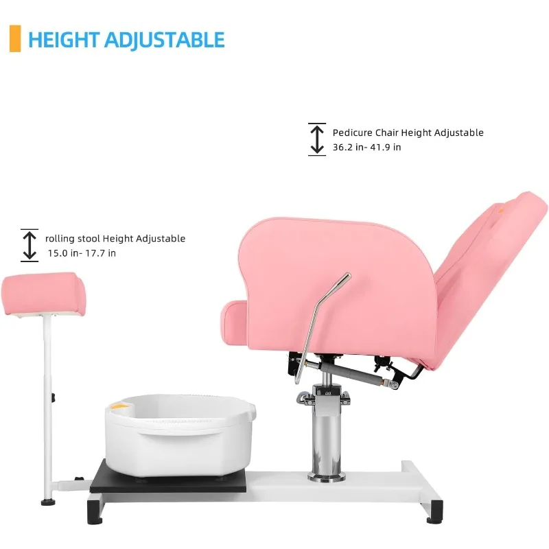 Reclining Pedicure Chair Station, Rotation Hydraulic Adjustable Spa Pedicure Chair No Plumbing Unit Station with Foot Basin Pink