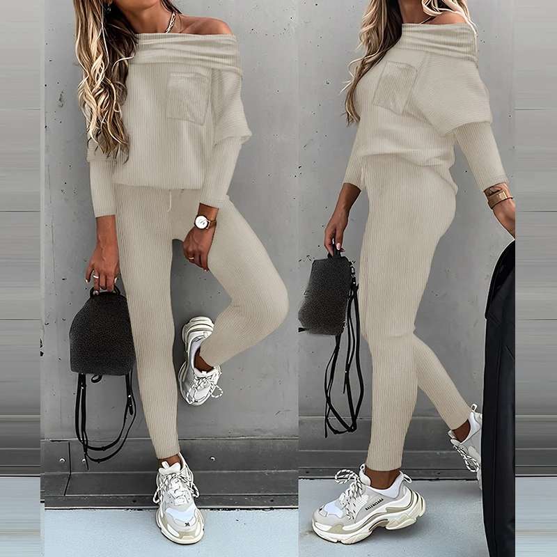 

Fashion Pit Stripe Solid Sweatshirt Outfits Elegant Slash Neck Long Sleeve Top & Long Pant Set Women Casual Sportswear 2Pc Suits