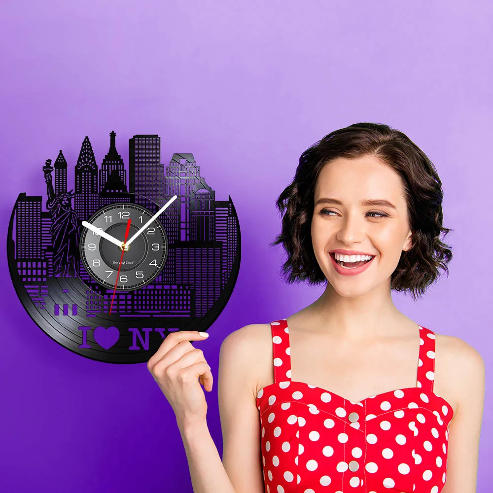New York Skyline Landmark Statue Of Liberty Vinyl Record Wall Clock Bedroom Office Decor New York Skyscrapers Retro Wall Clock 4