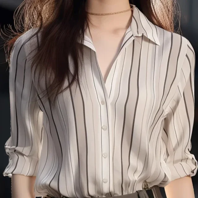 Women’s 2024 Vintage Stripe Shirt – Loose Elegant Casual Blouse - Image 3
