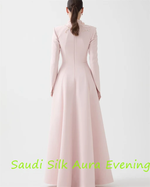 Customized Customized Delicate Pink Jersey Evening Dress V-Neck Long Sleeves Celebrity Gowns Appliques Elegant Bespoke Occasion 4