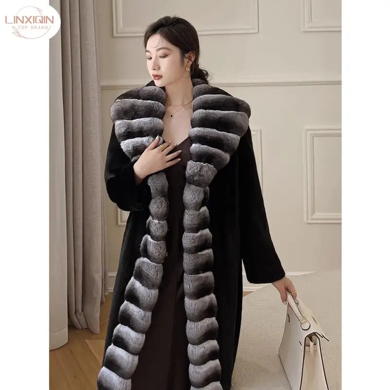 

LINXIQIN Women's Woolen Winter Coat Wool Jacket Long Real Rex Rabbit Fur Collar Cuffs Cashmere Winter Jacket Ladies Fur Coat 9XL