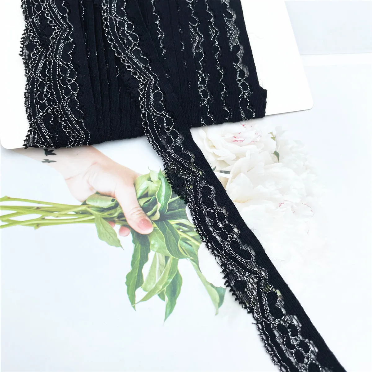 6y/Lot Width2.50~7cm Black Silver Shimmer Narrow Elastic Lace Trim 1
