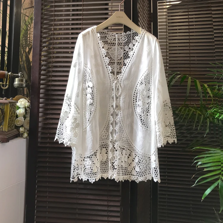 Women's Summer Swimsuit Cover Up Lace Cardigan Sunscreen Blouse Embroidery Shawl Perspective Beach Jacket White Vacation beach maxi dress with sleeves