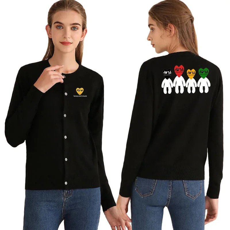 

Women Spring Autumn Cardigan O-Neck Sweater Heart Letter Embroidery Colorful Cartoon Print Single Breasted Long Sleeve Cardigan