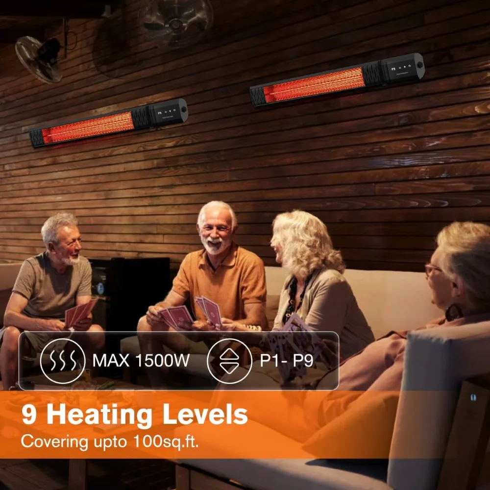 Small Outdoor Heater for Patio, 1500W IP65 Electric Infrared Heater with Low Glare Schott Glass, 9 Heating Levels 6