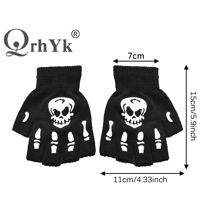 Warm Gloves Half Finger Gloves Fashion Halloween Style Gloves Luminous Horror Skull Bone Skeleton Half Gloves Novelty Unisex Mittens Winter Warmer