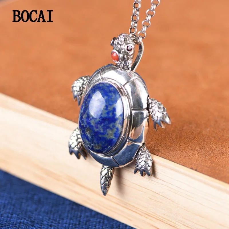 

BOCAI New S925 Silver Retro Lovely Movable Inlaid With Lazurite Tortoise Pendant Female Gift