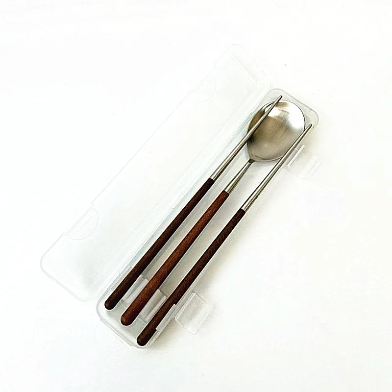 304 stainless Steel Metal Portable Cutlery Spoon Chopsticks Serving Dinner Set Wooden Handle Tableware With Box images - 6