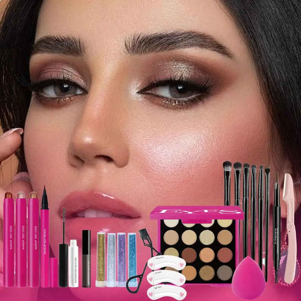 Eye Makeup Kit Professional Eyes Make Up Kits Mascara Eyeshadow Palette Eyelash Curler Brow Stamp Stencil Eyeshadow Brush Kit