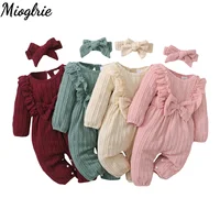 New Long Sleeve Rompers Baby Girls Spring & Autumn Jumpsuit Newborn Clothes Solid Ruffled Clothing with Headband Baby Clothing 1