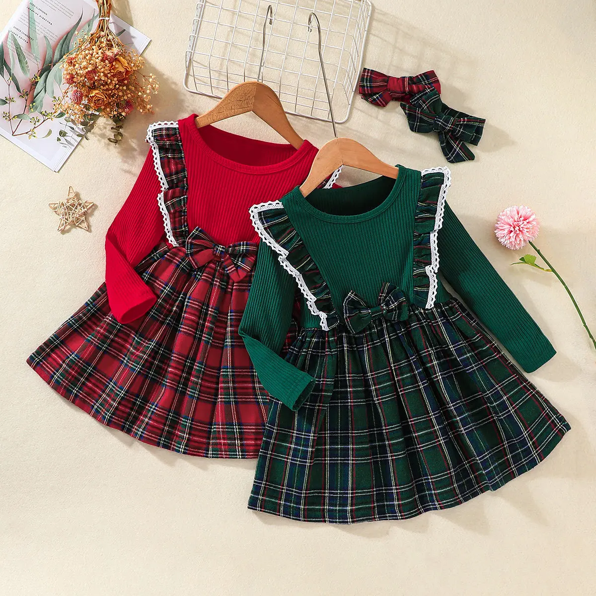 

Infant Girls Christmas Dress Bow Plaid Long Sleeve A-line Skirt Christmas Costume Baby Girl New Year Children's Clothing