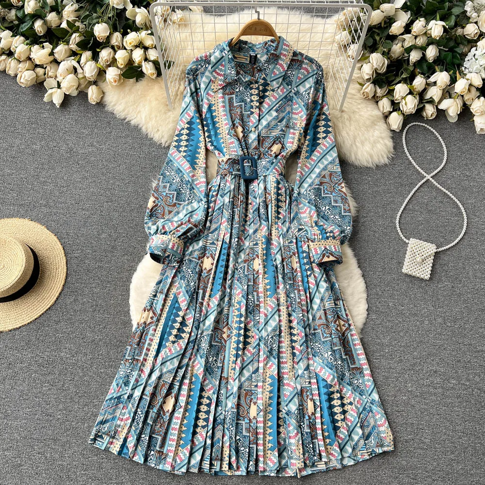 

Long-sleeved Floral Dress Spring 2022 New French Style Retro Temperament Waist Slim Pleated Long Dress