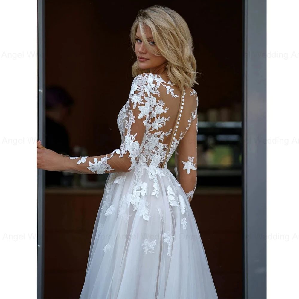 ANGEL Elegant A-Line Lace Wedding Dress Long Sleeves Scoop Neck Applique Bridal Gowns Button Plus Size Vestidos De Novia 4