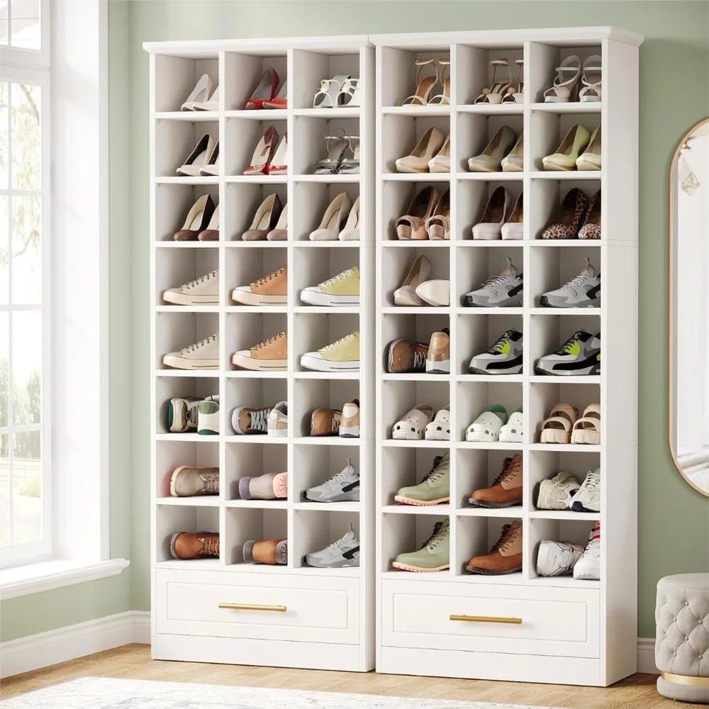 9-Tier Shoe Storage Cabinet, Freestanding Shoes Storage Cabinet with 24 Cubbies and Drawer, 71-Inch Tall Wooden Shoe Rack