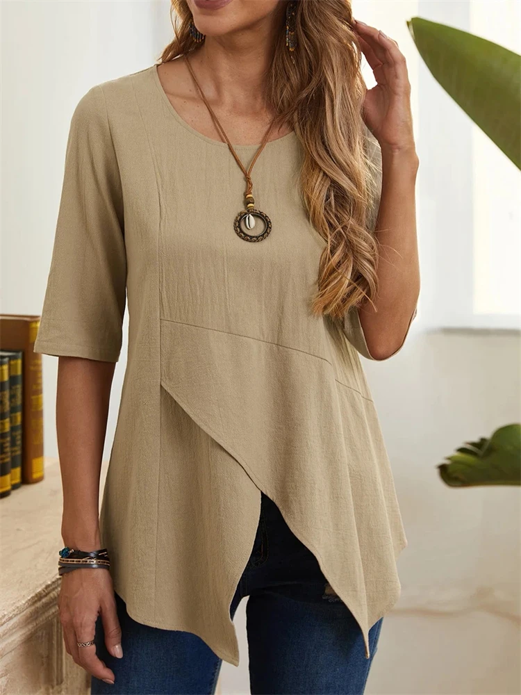 Women Summer Artsy Iregular Hem O-Neck Cotton T-Shirt