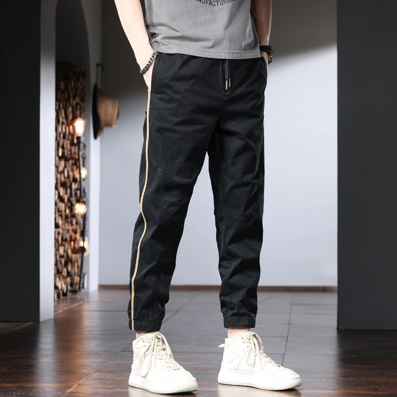 Fashion Side Stripe Casual Pants Men Summer Black Cotton Elastic Waist Drawstring Joggers Trousers