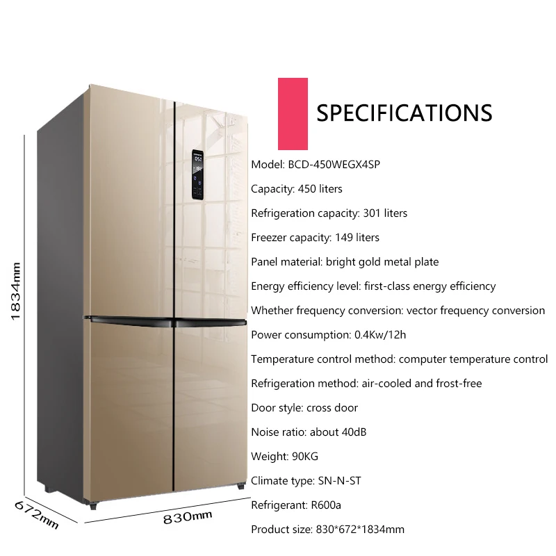 Side-by-side Refrigerator Touch Screen Black Stainless Steel 4 Door French Door Refrigerator