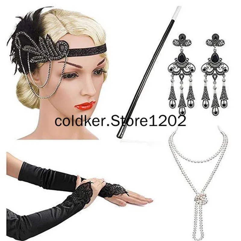 

Free Ship 1920s Flapper Dress Accessories Retro Party Props GATSBY CHARLESTON Headband Pearl Necklace Feather Band for Wedding