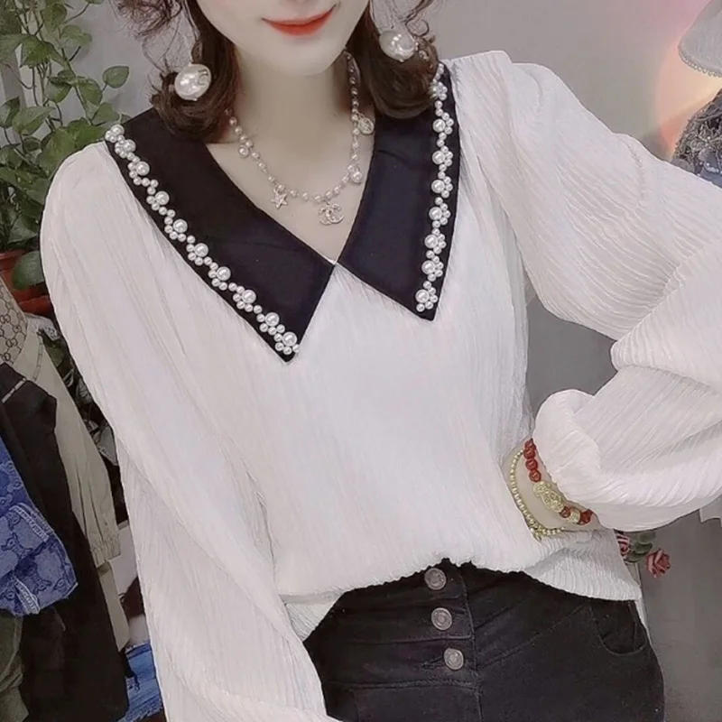 

Элегантные однотонные блузки с лацканами и бисером, женская одежда, весна-лето 2024, новые свободные универсальные топы, офисные женские рубашки