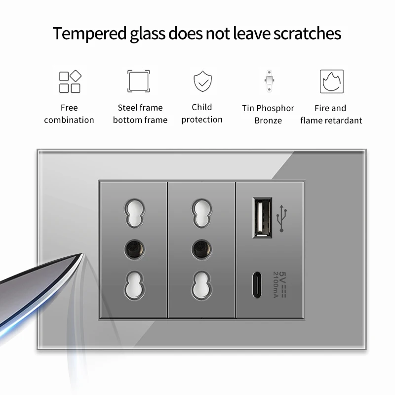 Presa interruttore italiana con caricatore USB Type-c 5V 2.1A pannello in vetro temperato interruttore luce a parete TV presa di corrente per Computer 118*74mm