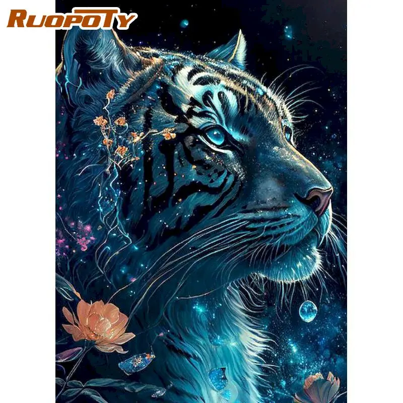 

RUOPOTY Modern Diy Painting By Numbers 40x50cm Frame Illustration Tigers Animals Paint By Numbers For Beginner Personalized Gift