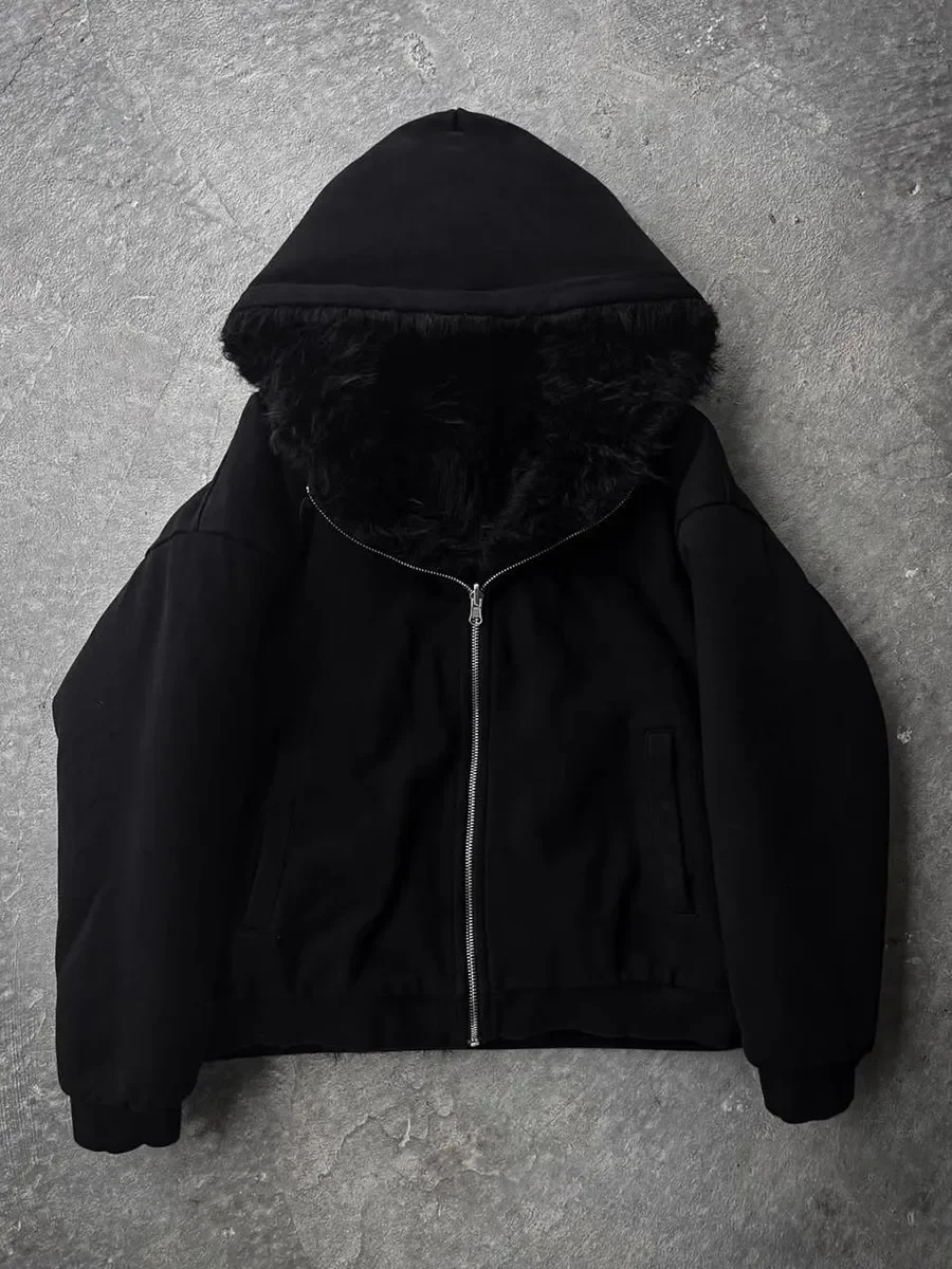 Autumn and Winter Oversized Thickened Warm Black Reversible Faux Fur Parka Coat Men with Hood Zipper Fluffy Jacket Hooded Coat