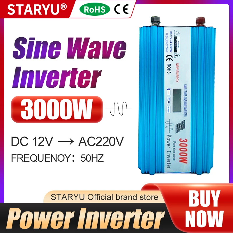 

STARYU Pure Sine Wave Inverter 3000W Voltage 12v to 220v Converter Hybrid Solar Car Supplies Power 50HZ Automotive Adapter