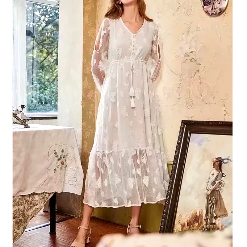 

Gypsylady Floral Embroidery Women Dress White V-neck Ruffles Summer Dresses Tiered Chic Sheer Party Tassels Ladies Vestidos